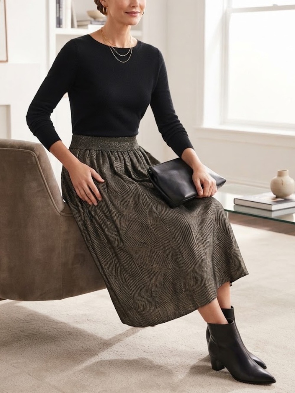 J. McLaughlin Gold Metallic & Olive Wave Pattern Long Midi Skirt XL Shimmer
